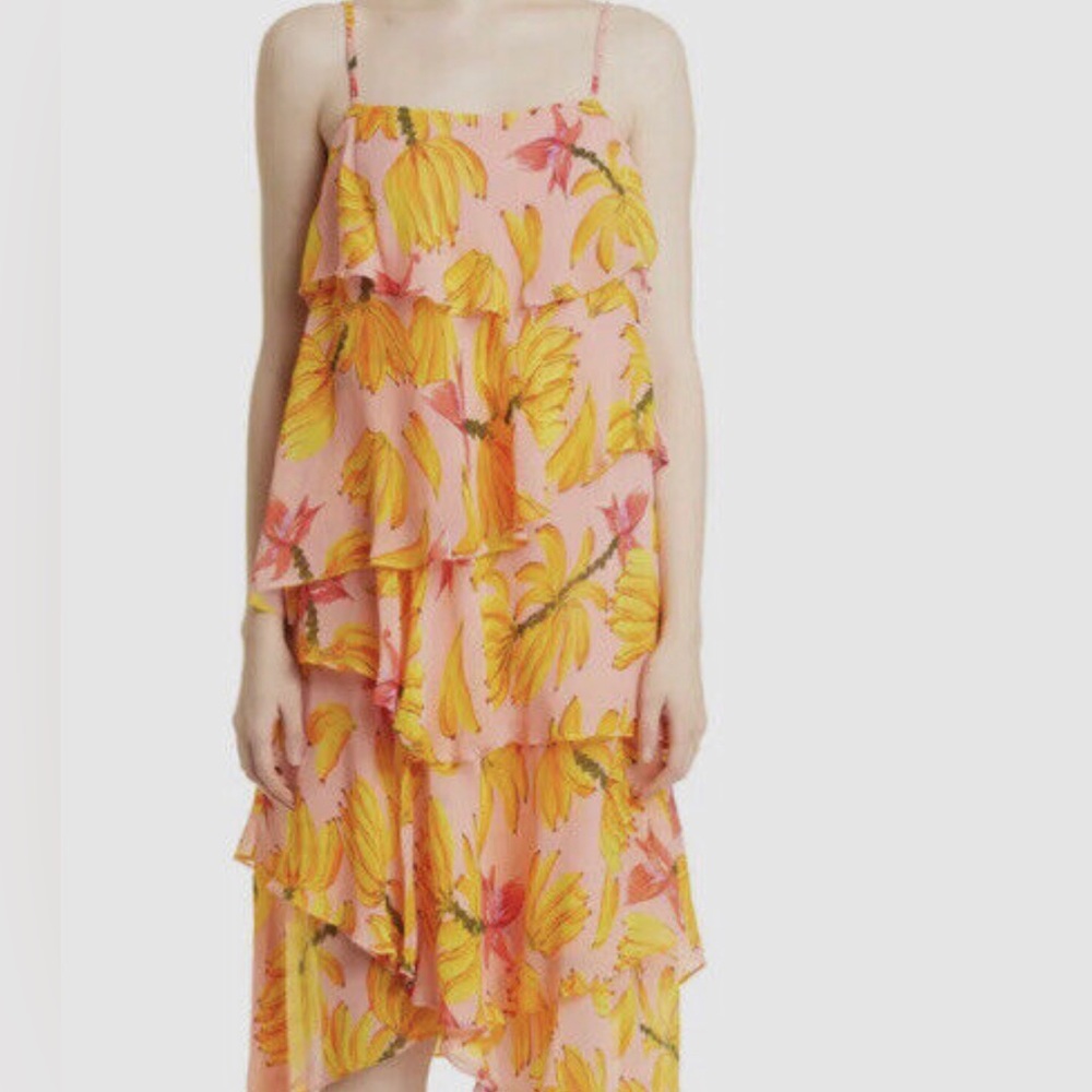 Farm Rio Dress XS Banana Taste Chiffon Midi Vacation Beach New $245